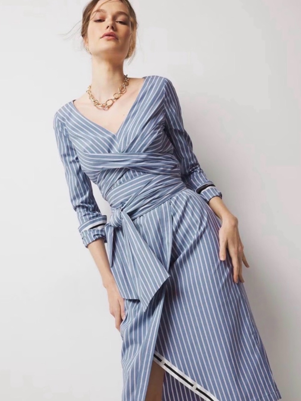 White House Black Market Blue and White Striped Wrap-Style Midi Dress